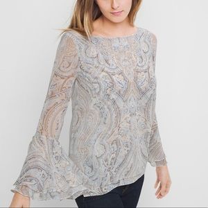 White House Black Market- Paisley Bell Sleeve Blouse In Blue Gray Cream Size 2